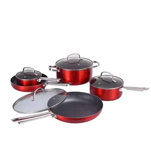 Aluminium Coated Cooking Pots and Pans Red Cookware Set with Glass Lids