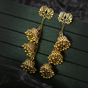 Retro Bollywood Oxidized Gypsy Jewelry Women Gold <strong>Silver</strong> Afghan Birdcage <strong>Long</strong> Chain Tassel Peacock Carved Jhumka Indian <strong>Earrings</strong> - Product Image 4