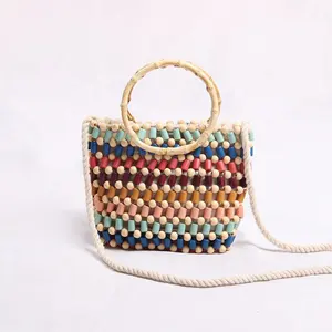 2019 Summer Trendy Colourful Bead Mini Bag Handbag Shoulder Bag with Bamboo Handle