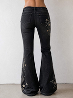 Celana Jeans Wanita Vintage Hitam-Abu-abu Model Skinny Flare dengan Bordir Ranting Bunga Putih yang Halus Gaya Y2K Kasual Musim Panas