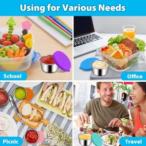 Recipiente para salsa de ensalada de acero inoxidable de 2.4 oz para el hogar, taza para salsa con tapa de silicona, contenedor de condimentos para cocina y camping. - Product Image 5