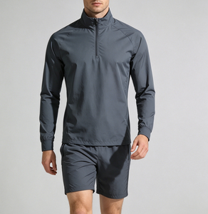 Conjunto Deportivo para Hombre, Camiseta de Manga Larga <span class=keywords><strong>y</strong></span> Pantalones Cortos, Diseño Sólido Personalizado, con Cierre de Media Cremallera, Secado Rápido, Transpirable, para Gimnasio <span class=keywords><strong>y</strong></span> Running, Verano - Product Image 3