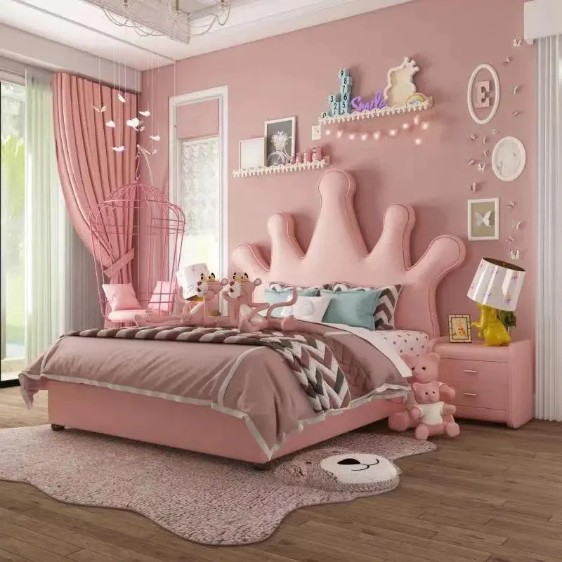 NOVA Creative Design Girls Bedroom Set Pink Princess Crown Headboard Solid Wood Double Size Bed For Kids