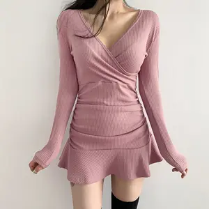 Vestido de verano de manga larga con cuello en V para mujer, falda fina de algodón con volantes, venta al por mayor