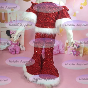 Conjunto de 4 Piezas para Niños, Estilo Europeo-Americano, Navidad, Terciopelo con Lentejuelas Bordadas en 3D, Pantalones de Campana Rojos para Bebés - Product Image 2