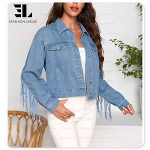 LARSUR Custom factory ladies cotone saia <span class=keywords><strong>fringe</strong></span> rifinitura a maniche lunghe giacca <span class=keywords><strong>crop</strong></span> in denim abbottonatura shorts giacca jeans cappotto da donna - Product Image 5