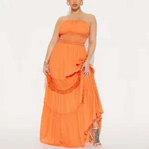 중국 공장 사용자 정의 맥시 원피스 폴리에스터 쉬폰 오렌지 단색 오프 어깨 주름 여름 의류 여성 긴 원피스