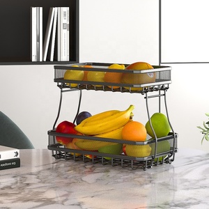 2 Tingkat Pemegang Dilipat Logam Hitam Besi Kawat Sayuran Stackable Roti Keranjang Dapur Buah Rak Penyimpanan Tampilan Berdiri - Product Image 5