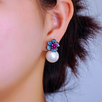 Boucles d'oreilles pendantes en forme de fleur avec zircon bleu et rose, plaqué or noir, perle blanche de grande taille, accessoires pour filles, cadeaux