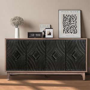Mid Century Sideboard Buffet Cabinet 60 In Solid Wood Legs 4 Convex Diamond Pattern <b>Storage</b> Credenza <b>Kitchen</b> Cabinet - Product Image 1