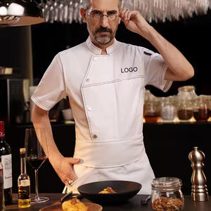 Vente en gros d'uniformes de chef en tissu sergé <span class=keywords><strong>blanc</strong></span> pour adultes, chemise avec logo pour personnel de restaurant, vêtements de cuisine - Product Image 1