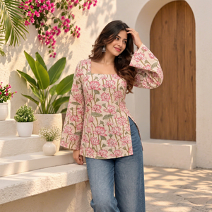<b>Pink</b> Lotus Floral Hand Block Printed Cotton Kurti | Stylish Flared <b>Sleeve</b> <b>Top</b> Square Neck | Short Kurti for Women - Product Image 1