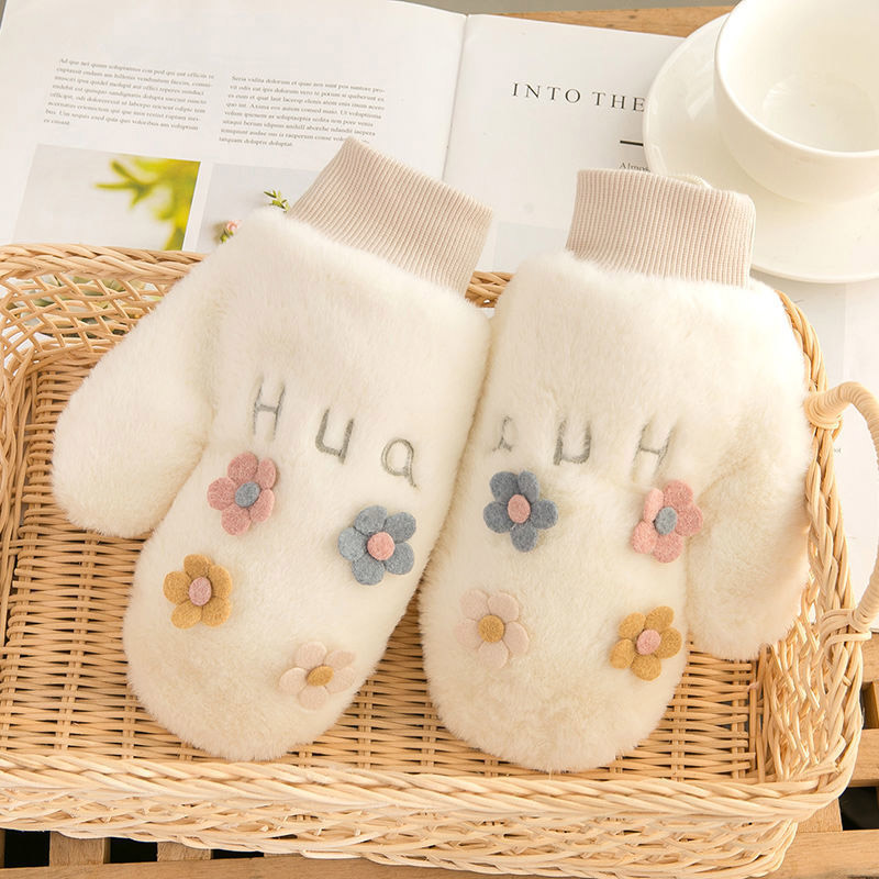 Зимние женские плотные бархатные милые зимние рукавицы с цветочным рисунком для девушек и женщин с защитой от потери