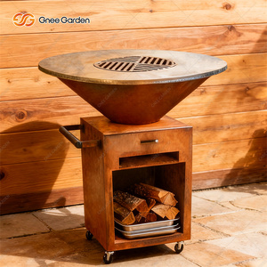 Gnee Garden Corten Steel <b>BBQ</b> <b>Grill</b> Charcoal Outdoor Fire Pit Trolley Matte Finish Modern Design - Product Image 2