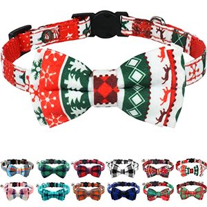 Collier de Noël à carreaux pour chat avec nœud papillon et breloque, collier réglable à dégagement rapide avec clochette pour chatons et petits chiens - Product Image 1