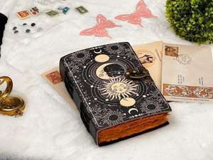 สมุดสเก็ตช์สีน้ำ A5แบบย้อนยุควินเทจหนังนูนรูปพระจันทร์ดวงอาทิตย์เย็บติดกันสำหรับเขียนสวดมนต์งานแต่งงานมีลมกระโชกแรง - Product Image 5