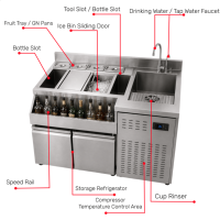 Station de bar intégrée en acier inoxydable avec double porte et armoire réfrigérée pour événements, station de bar à cocktails pour mélange de verres