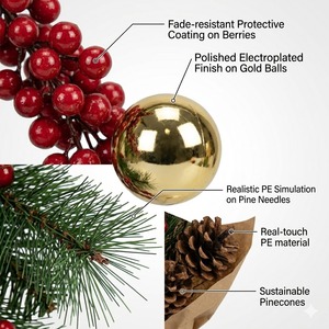 Guirlandes de Noël écologiques en pin et baies, personnalisées, grandes, avec baies rouges et boules dorées, pour la décoration de vitrines de centres commerciaux et de magasins - Product Image 2