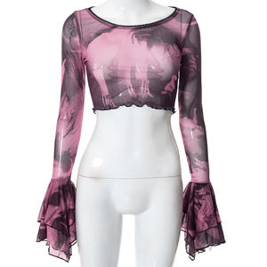 Sexy Streetwear <strong>Goth</strong> Dark Punk Print Y2k Mesh <strong>Women</strong> Crop Tops Gothic Flare Sleeve See Through T-shirts Lettuce Hem - Product Image 5