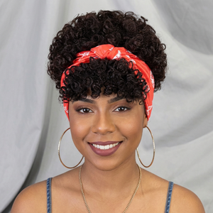 Perruque Courte Afro Bouclée Frisée en Cheveux Humains avec Bandeau et Foulard Intégrés pour Femmes, Style Afro Ondulé - Product Image 1