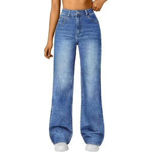 Jean large taille haute pour femme en denim extensible confortable et respirant coupe ample - Product Image 1