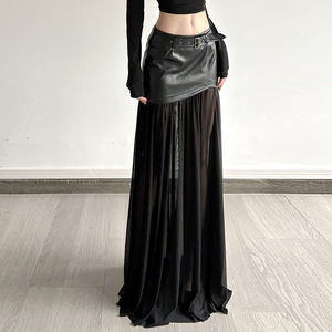 Falda Larga de Mujer Estilo Punk Oscuro con Hebilla Metálica, Parches de Malla y Cuero Sintético, Cintura Regular, Corte en A - Product Image 4