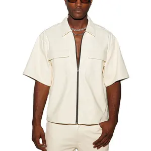 Black Summer Custom Logo Plus Size Men Blank Faux PU Leather Short Sleeve Front Zipper Closure Shirts