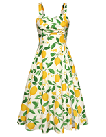 Robe d'été mi-longue pour femme à imprimé fruits, bretelles spaghetti, épaules nouées, coupe trapèze, idéale pour les vacances, vente en gros