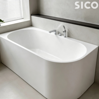 Baignoire autoportante en acrylique blanc brillant, gain de place, baignoire d'angle contre le mur
