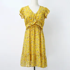 2021 Spring Summer New look fashion ruffles waist smocking floral women's girl's yellow elegant casual midi dress