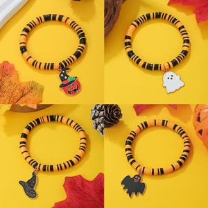 Halloween Cartoon Pendant <b>Bracelet</b> Zinc Alloy Unisex Gift Jewelry Orange Black Striped <b>Beaded</b> <b>Bracelet</b> With Pumpkin Skull Charm - Product Image 1