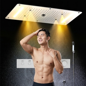 Ensemble de douche à effet pluie LED encastré moderne avec mitigeur thermostatique numérique en laiton, finition chrome poli, en acier inoxydable, grande tête - Product Image 1