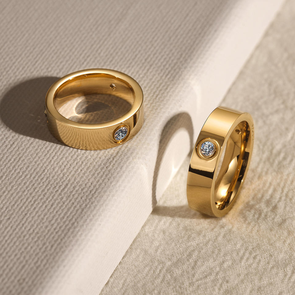 Stainless Steel 14K Gold Couples Love Engraved CZ Band Ring 3