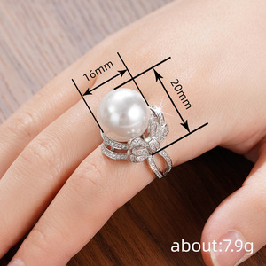 T0568 Women's Cocktail <b>Ring</b> Freshwater <b>Pearl</b> Bowknot Pave Setting Round Brilliant Cut Wedding Fine Jewelry - Product Image 4