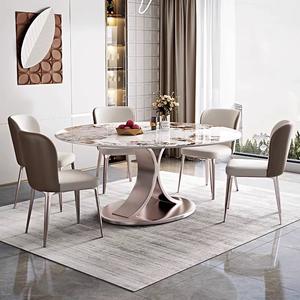 Tavolo da Pranzo Rotondo di Design con Piano in Pietra Resistente e Base in Acciaio con Finitura Oro Rosa Elettroplaccata per Arredamento Moderno - Product Image 3