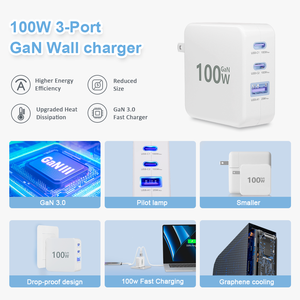 <span class=keywords><strong>Chargeur</strong></span> rapide USB C GaN 100W 3 ports PD QC 3.0 Adaptateur mural de bureau pour <span class=keywords><strong>MacBook</strong></span> <span class=keywords><strong>Pro</strong></span> Air iPhone 16 15 Samsung Ordinateur portable - Product Image 2