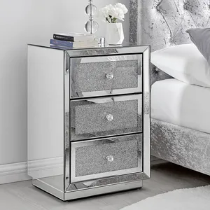 Modern Luxury Crushed Diamond Mirrored 3 Drawer Storage Bedside Table Bed Side Nightstand For Bed Rooms