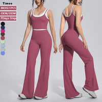 Gebreide kleurblok U-hals tanktop dames yogaset met hoge taille wijde pijpen broek voor buitensport fitness workout