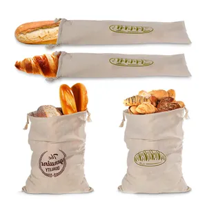 Hot Sale Eco Reusable Custom Logo French Natural Organic Cotton Linen Bread Drawstring Bag
