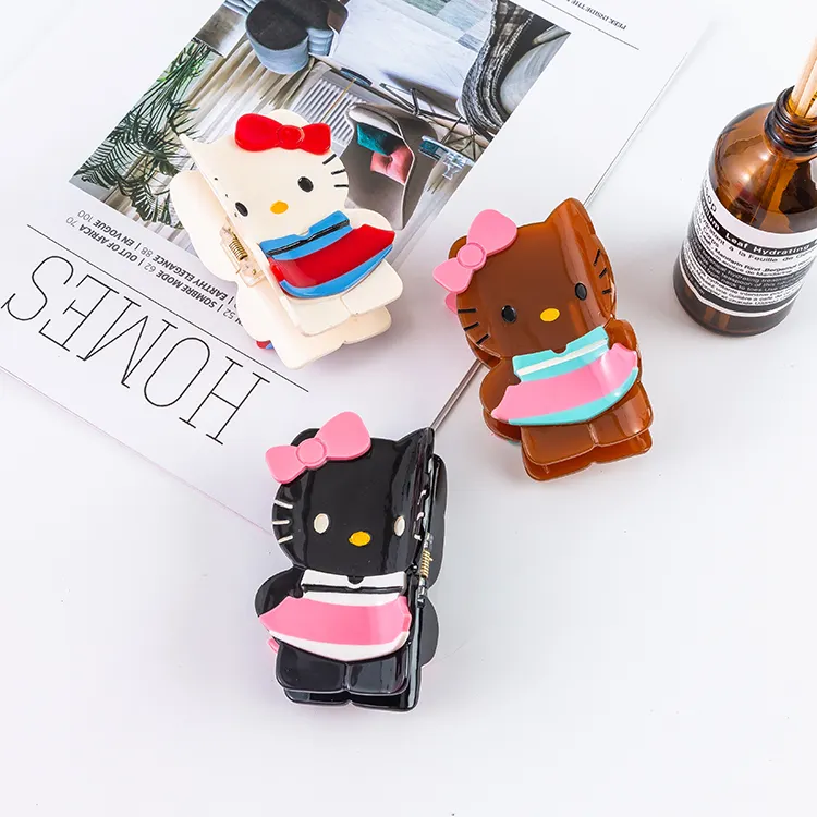 Qianji disesuaikan grosir kartun imut Hello Kitty kucing bulu cakar manis asetat warna-warni klip rambut kucing Aksesori anak perempuan