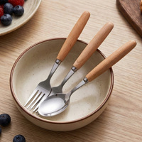 Ensemble de couverts en acier inoxydable 430, durable, luxe léger, manche en bois, couteau, fourchette, cuillère, baguettes, finition miroir, réutilisable