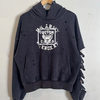 Sweat à capuche streetwear noir délavé vintage avec logo personnalisé, coupe carrée courte, manches fendues doublées en tissu gaufré