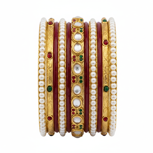 Charming Kundan Stone and Pearl Acrylic Bridal Bangles Premium Gold Plated <b>Set</b> for Women Festive and Bridal Jewelry - Product Image 2