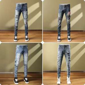 Vente en gros de jeans pour hommes, printemps et été, nouveaux jeans décontractés, polyvalents, pantalons de travail, denim uni, coupe slim, tube droit, élastique - Product Image 4