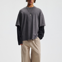 Camiseta Oversize de Punto con Lavado Ácido Retro Personalizada, Estilo Urbano Unisex, Estampado de Doble Capa, Cuello Redondo, Manga Larga para Hombre