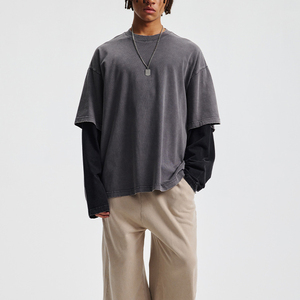 Custom Retro Acid Wash <b>Tshirt</b> Unisex Streetwear Print Graphic Double Layer O-neck <b>Long</b> Sleeve T-shirt for Men - Product Image 6