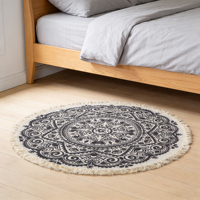 Tapis rond fait main en jacquard à motif mandala bleu noir HR XLS56 avec pompons pour chambre et salon