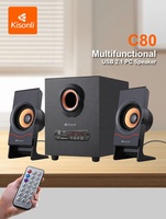Altavoces estéreo Kisonli C80 de 2.1 canales y 5W con soporte para tarjeta de memoria, pantalla LCD, control remoto, conexión por cable y carcasa de plástico.
