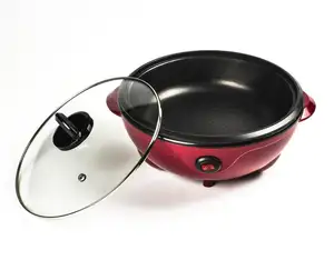 Gran oferta, Mini olla de cocina portátil redonda roja para el hogar, olla caliente eléctrica con revestimiento antiadherente de 1,8 l con tapa de vidrio