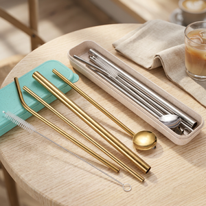 Reusable <b>Metal</b> Drinking <b>Straws</b> Set 5Pcs Minimalist Bar Accessories Gold Tone with Spoon and Cleaning Brush - Product Image 4